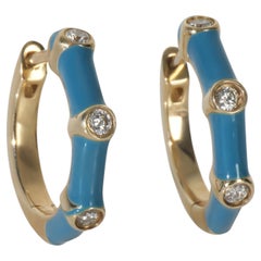 Yellow Gold Diamond Blue Enamel Huggie Earrings