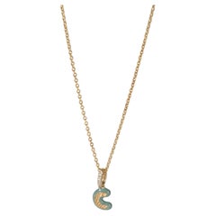 Yellow Gold Diamond Blue Enamel Mini Initial C Pendant