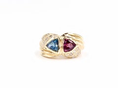 Yellow Gold Diamond, Blue Topaz and Rhodolite Garnet Wide Ring