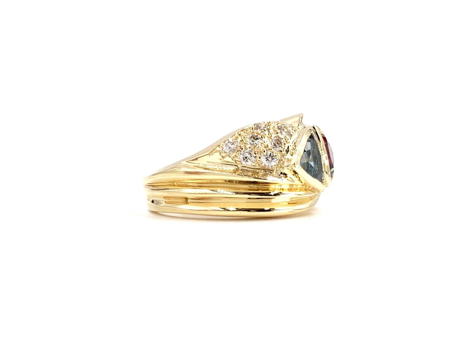 Modern Yellow Gold Diamond, Blue Topaz and Rhodolite Garnet Wide Ring For Sale