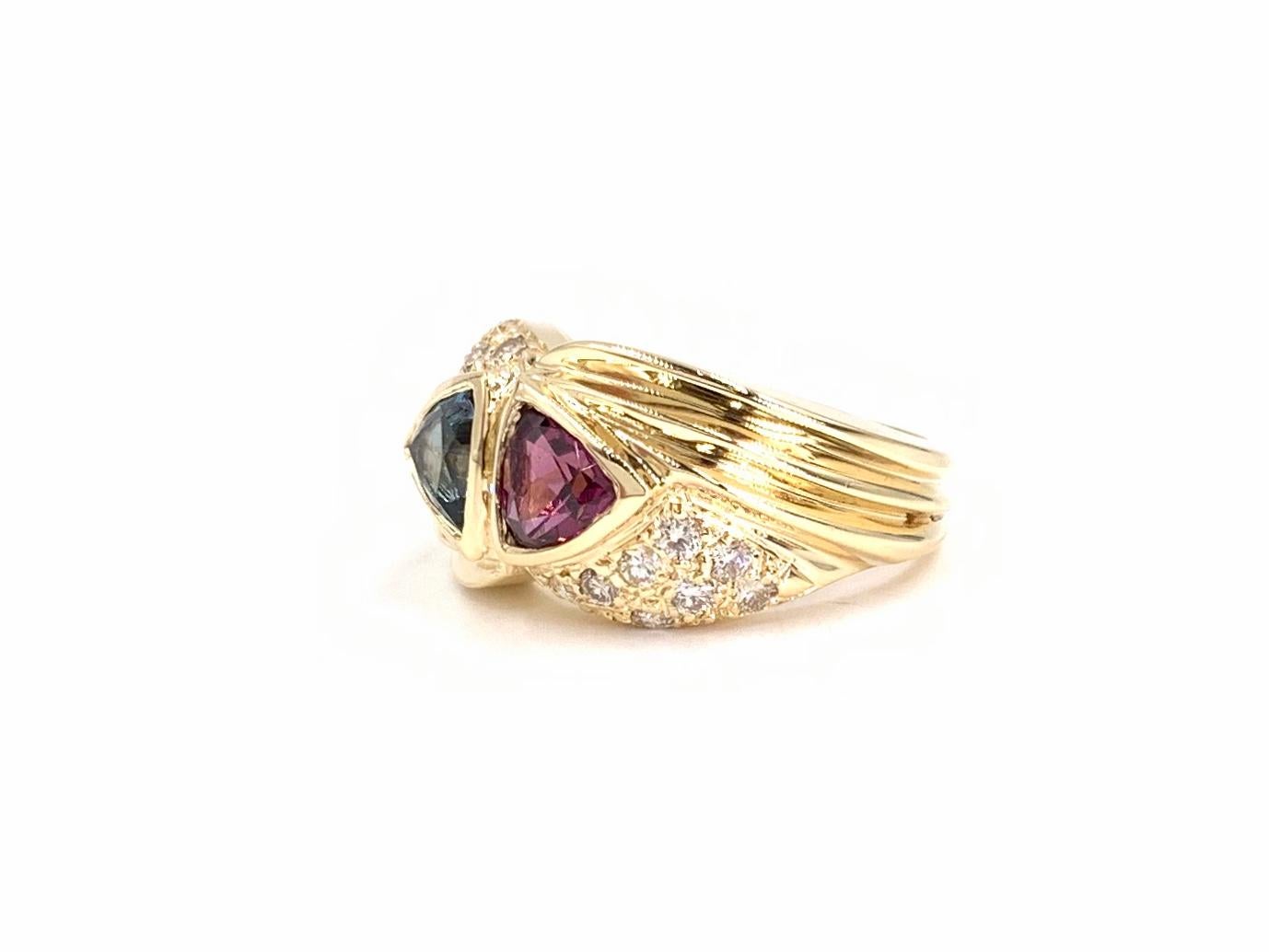 Yellow Gold Diamond, Blue Topaz and Rhodolite Garnet Wide Ring For Sale 1