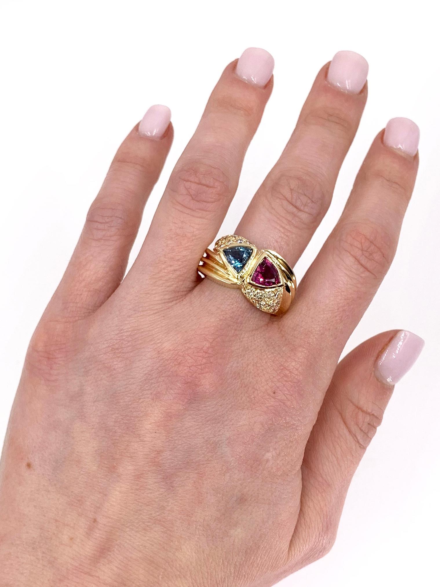 Yellow Gold Diamond, Blue Topaz and Rhodolite Garnet Wide Ring For Sale 2