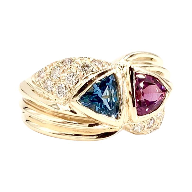 Yellow Gold Diamond, Blue Topaz and Rhodolite Garnet Wide Ring For Sale