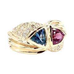 Vintage Yellow Gold Diamond, Blue Topaz and Rhodolite Garnet Wide Ring