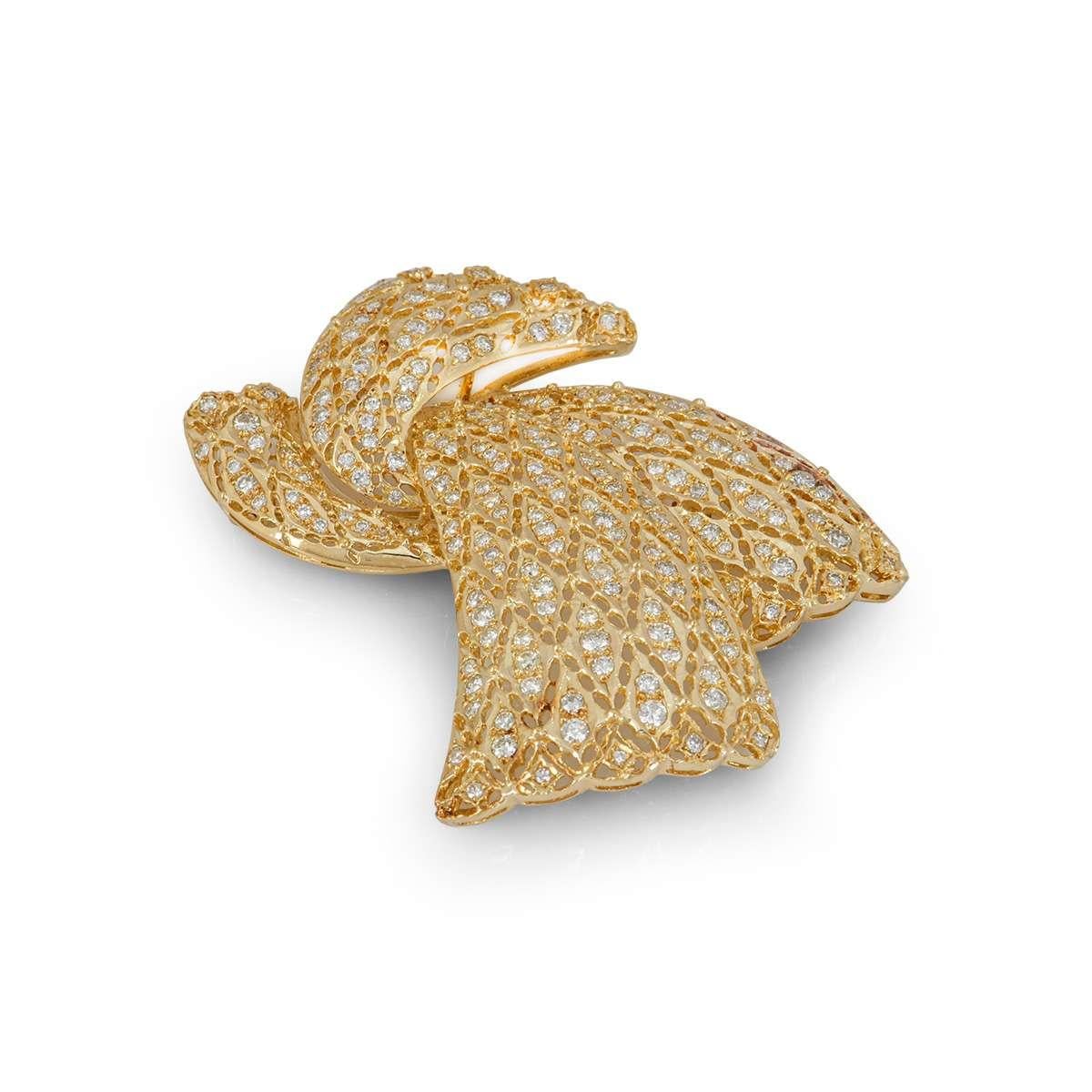 Brilliant Cut Yellow Gold Diamond Bow Brooch For Sale