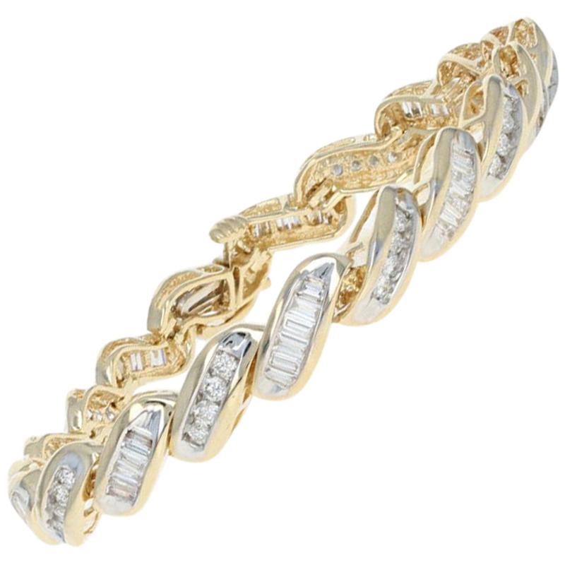 Yellow Gold Diamond Bracelet, 14k Round Brilliant and Baguette 4.50 Carat Link