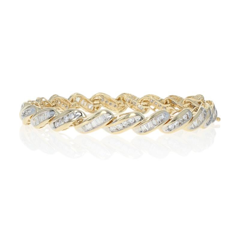 Round Cut Yellow Gold Diamond Bracelet, 14k Round Brilliant and Baguette 4.50 Carat Link