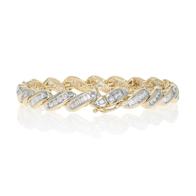 Yellow Gold Diamond Bracelet, 14k Round Brilliant and Baguette 4.50 Carat Link In Excellent Condition In Greensboro, NC