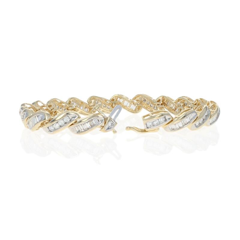 Women's Yellow Gold Diamond Bracelet, 14k Round Brilliant and Baguette 4.50 Carat Link