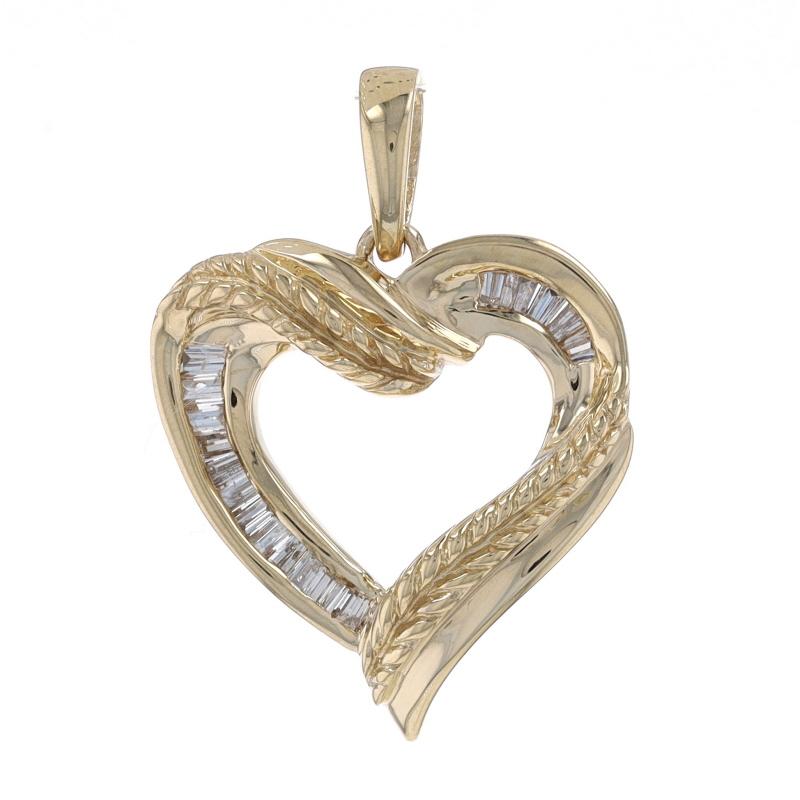Metal Content: 10k Yellow Gold

Stone Information
Natural Diamonds
Carat(s): .25ctw
Cut: Baguette
Color: I - J
Clarity: SI2 - I1

Total Carats: .25ctw

Theme: Braided Rope Heart, Love

Measurements
Tall (from stationary bail): 3/4