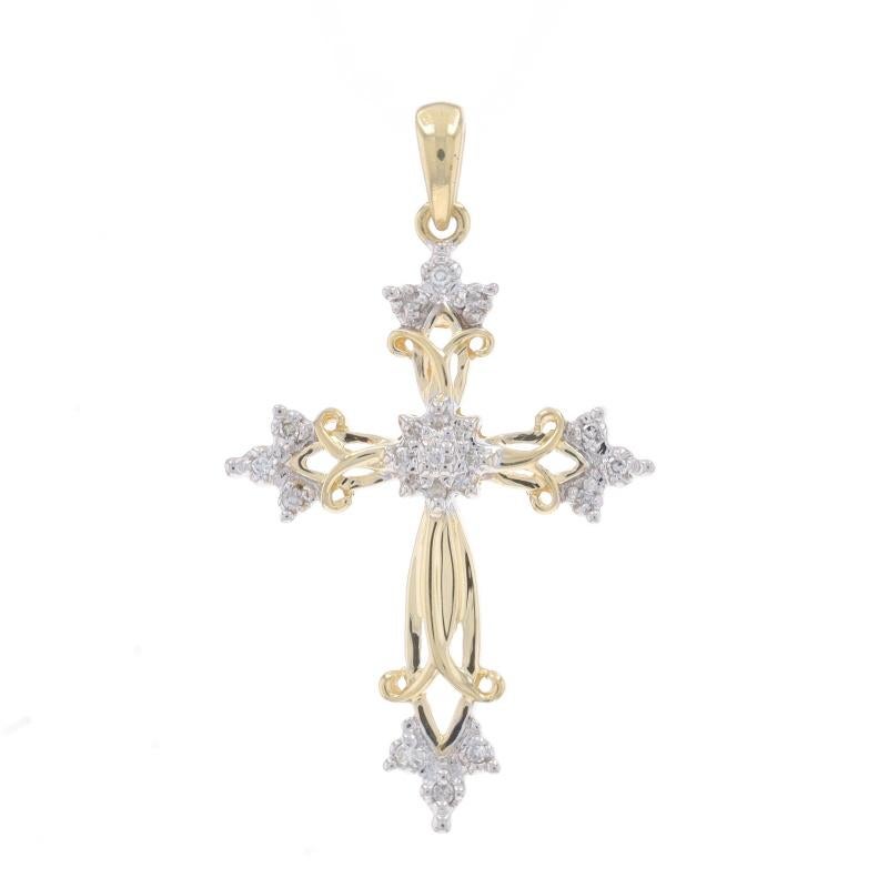 Metal Content: 10k Yellow Gold & 10k White Gold

Stone Information

Natural Diamonds
Carat(s): .15ctw
Cut: Single
Color: G - H
Clarity: VS2 - SI2

Total Carats: .15ctw

Theme: Budded Cross, Faith

Measurements

Tall (from stationary bail): 1 9/32