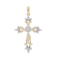 Yellow Gold Diamond Budded Cross Pendant - 10k Single .15ctw Faith