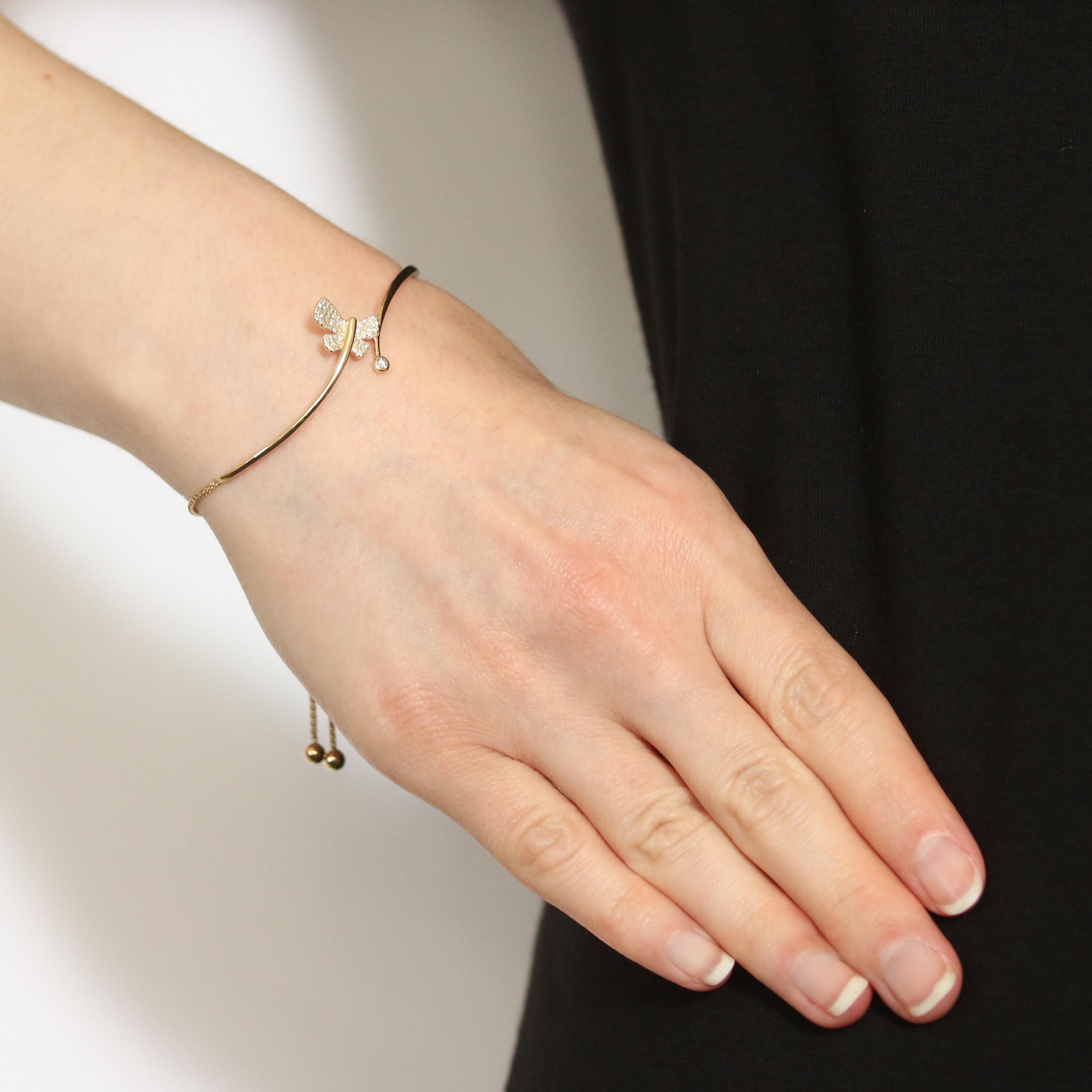 Single Cut Yellow Gold Diamond Butterfly Bolo Bracelet -14k Single .20ctw Adjustable Length For Sale