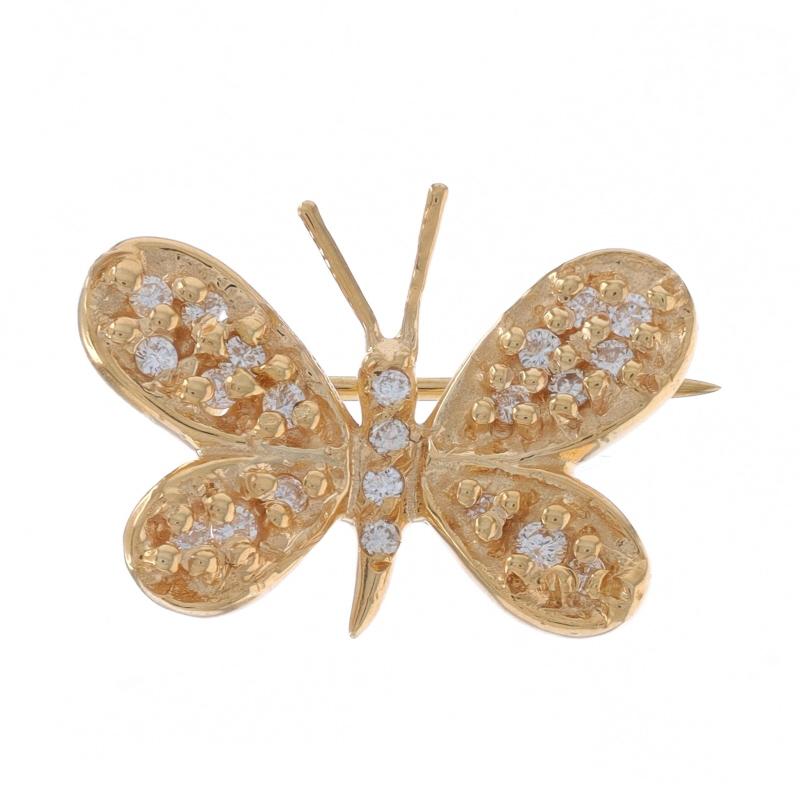 Metal Content: 14k Yellow Gold

Stone Information

Natural Diamonds
Carat(s): .26ctw
Cut: Round Brilliant
Color: G - H
Clarity: VS2 - SI1

Total Carats: .26ctw

Style: Brooch
Fastening Type: Hinged Pin and Whale Tail Clasp
Theme: Butterfly,