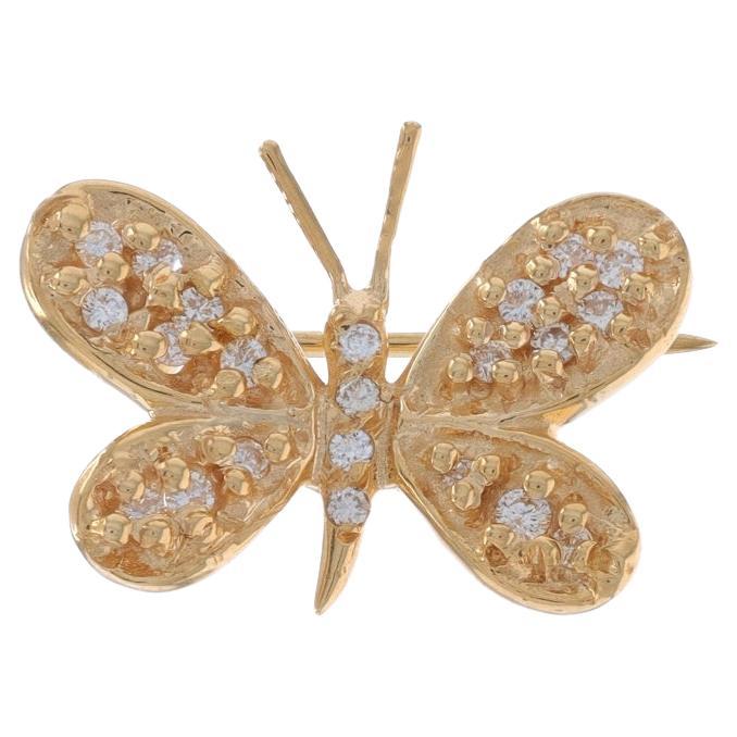 Yellow Gold Diamond Butterfly Brooch Pin - 14k Round Brilliant .26ctw Spring
