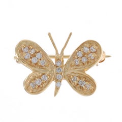 Yellow Gold Diamond Butterfly Cluster Brooch 14k Round .25ctw Pollinator Pin