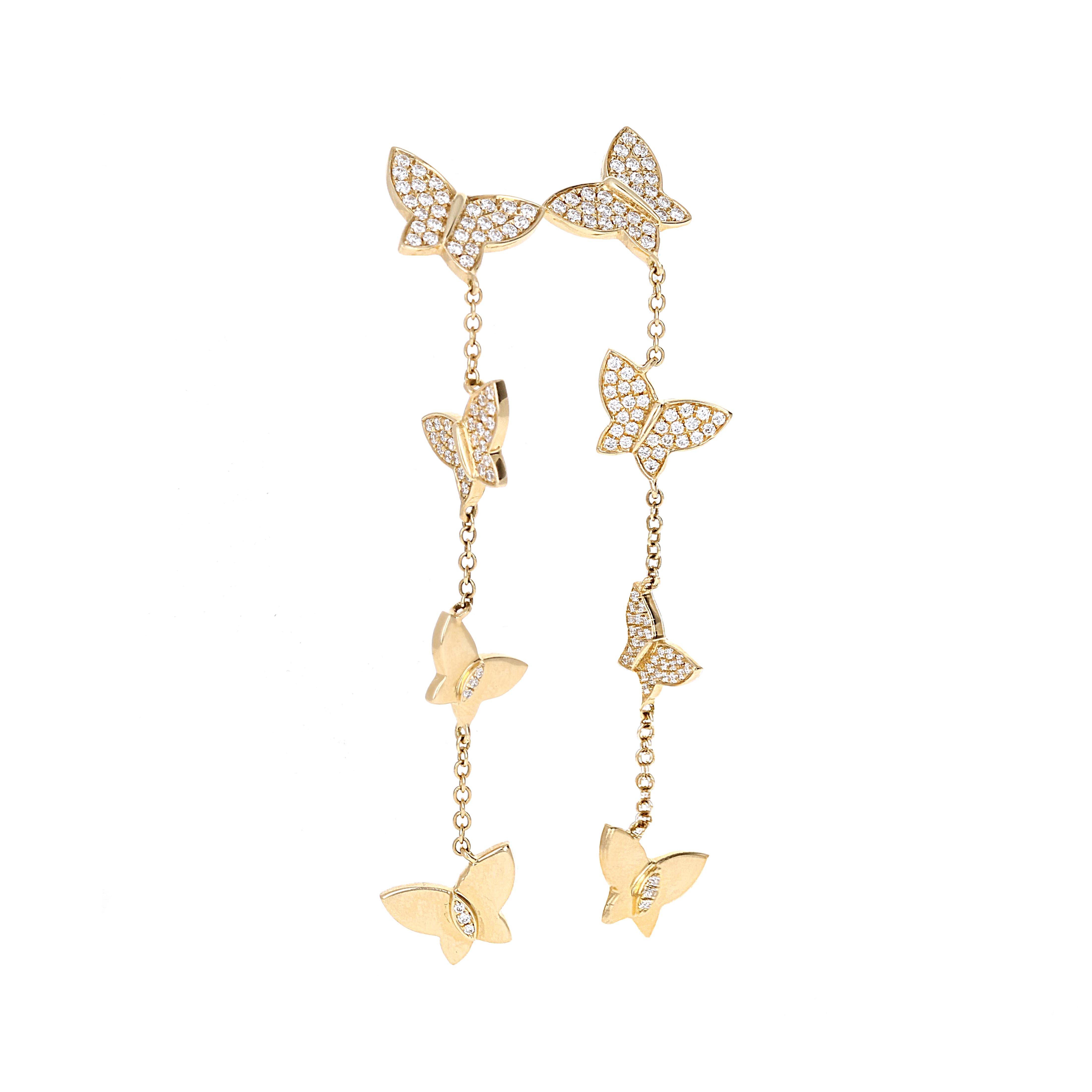 These 18 karat yellow gold diamond dangle earrings are an easy piece to wear. They are earrings you can wear both day and night and ones you can dress up or down. The butterflies are paved on the front giving them that extra sparkle when wearing