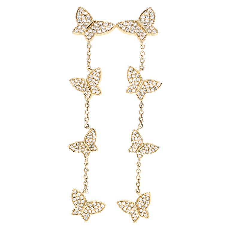 Yellow Gold Diamond Butterfly Dangle Earrings For Sale at 1stDibs
