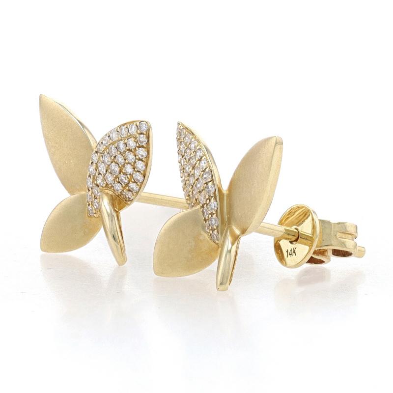 Metal Content: 14k Yellow Gold

Stone Information
Natural Diamonds
Total Carats: .16ctw
Cut: Single
Color: G
Clarity: VS1 - VS2

Style: Stud
Fastening Type: Butterfly Closures
Theme: Butterflies
Features: Smooth & Matte Finishes

Measurements
Tall: