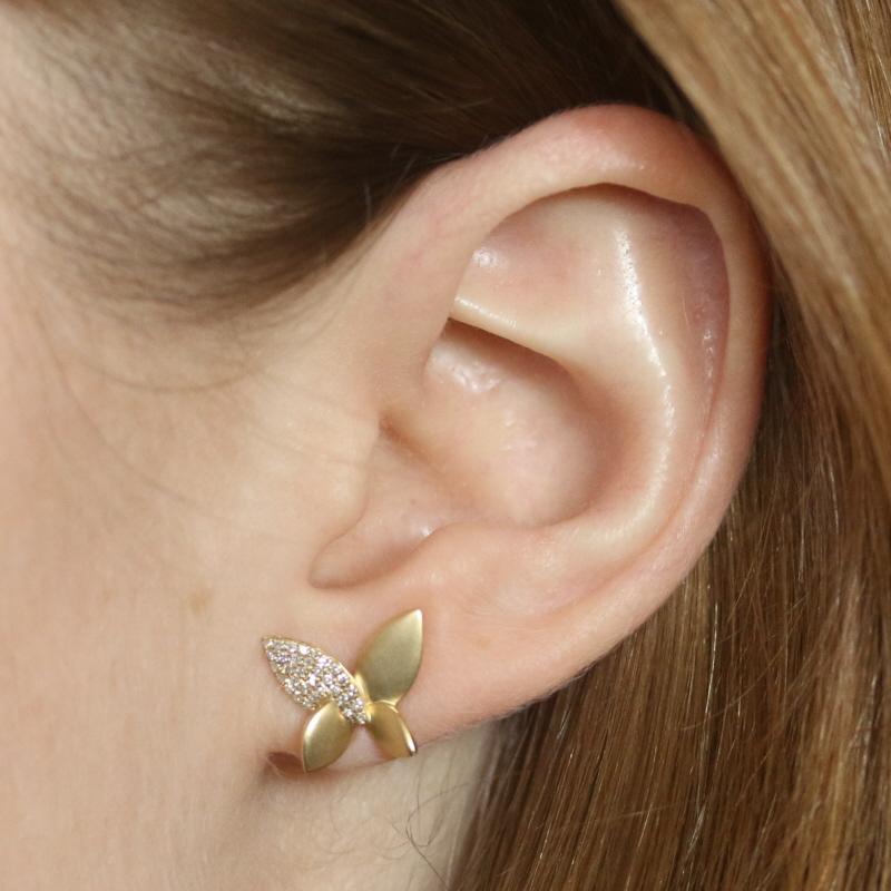 Yellow Gold Diamond Butterfly Stud Earrings - 14k Single Cut .16ctw Pierced In New Condition For Sale In Greensboro, NC