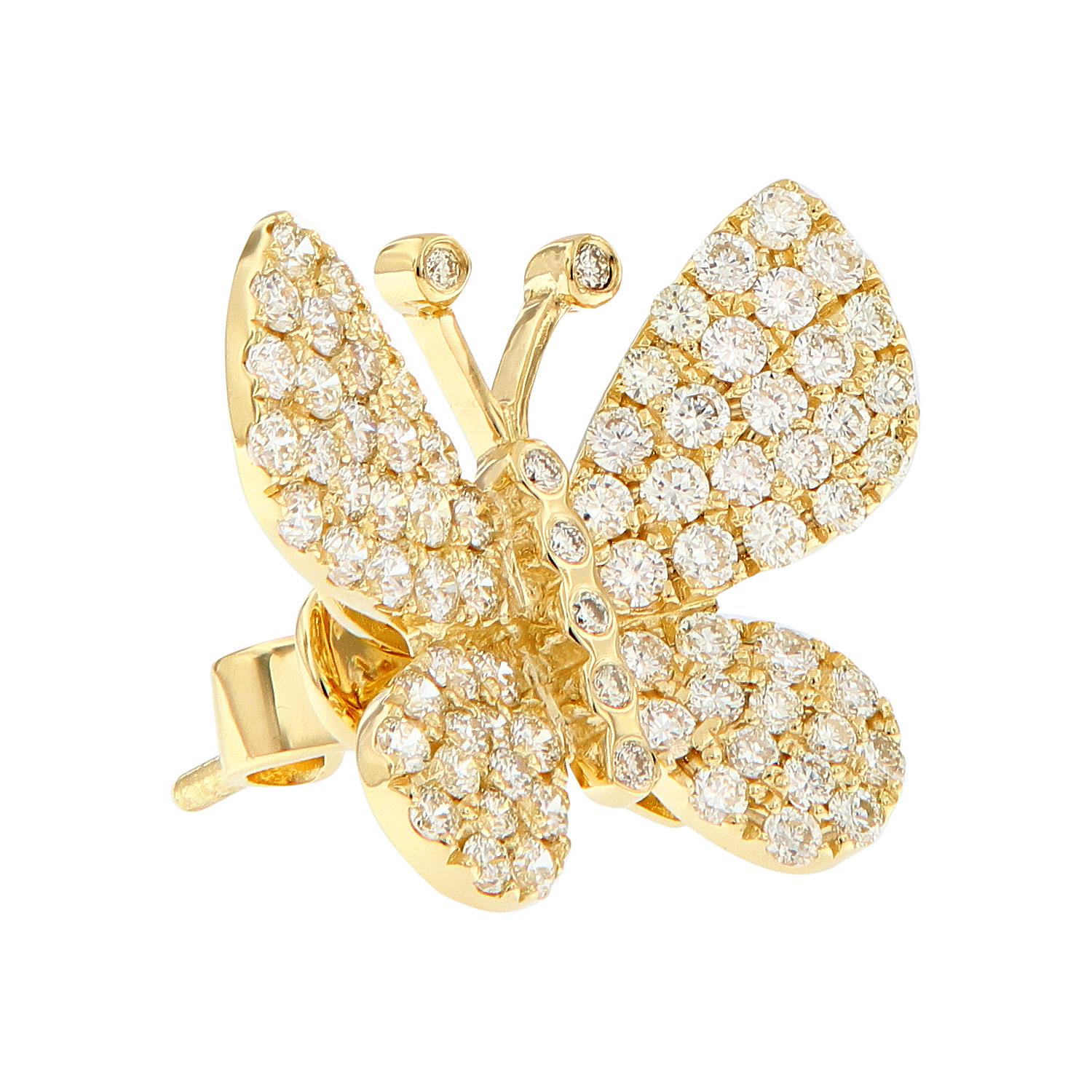 Always have a reminder of summer with these contemporary 18k gold butterfly earrings covered with pave and bezel set diamonds. Weigh 6.1 grams.

Diamonds 1.49 cttw