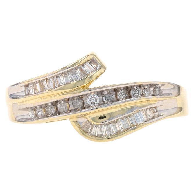 Yellow Gold Diamond Bypass Band - 10k Baguette & Single .25ctw Ribbon Ring For Sale