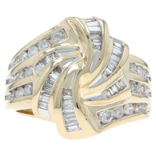 Anneau bypass en or jaune avec diamant - 14k Bague ronde brillante et baguette 1.00ctw