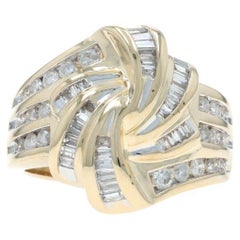 Anneau bypass en or jaune avec diamant - 14k Bague ronde brillante et baguette 1.00ctw