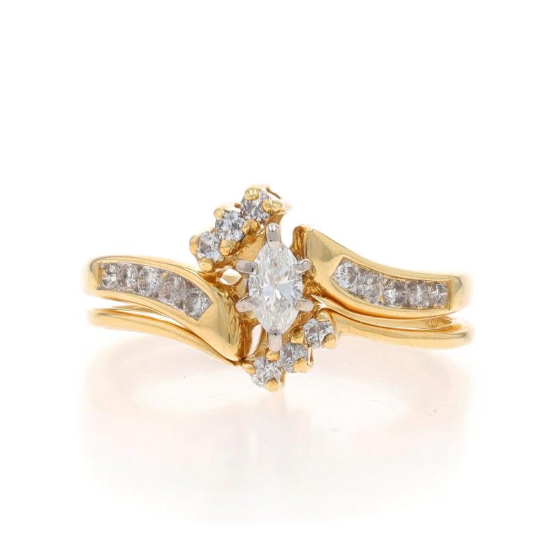 Size: 8
Sizing Fee: Up 1 size for $60 or Down 1/2 a size for $40

Metal Content: 14k Yellow Gold & 14k White Gold

Stone Information

Natural Diamond
Carat(s): .20ct
Cut: Marquise
Color: G
Clarity: I1
Stone Note: Solitaire

Natural
