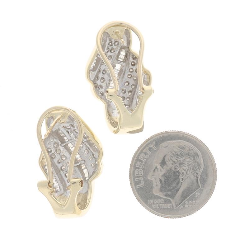 Baguette Cut Yellow Gold Diamond Bypass J-Hoop Earrings - 10k Rnd & Baguette 1.00ctw Omega For Sale