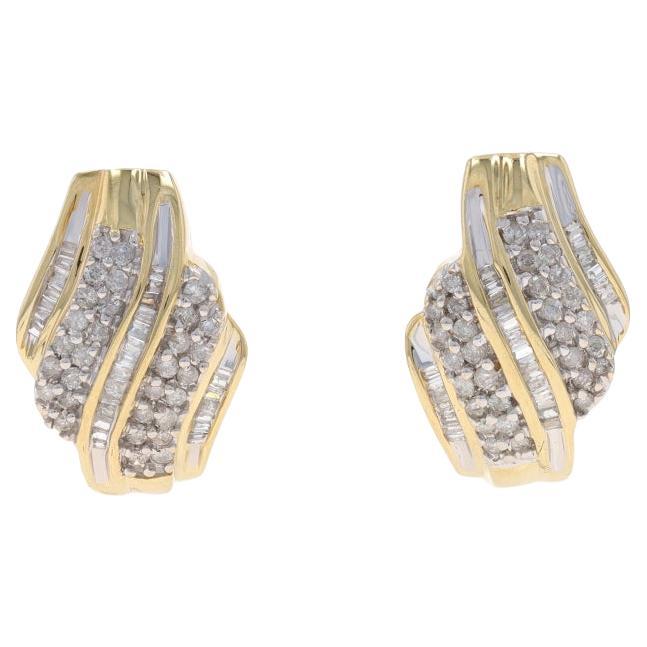 Yellow Gold Diamond Bypass J-Hoop Earrings - 10k Rnd & Baguette 1.00ctw Omega