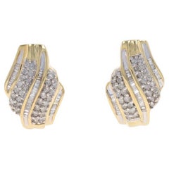 Yellow Gold Diamond Bypass J-Hoop Earrings - 10k Rnd & Baguette 1.00ctw Omega