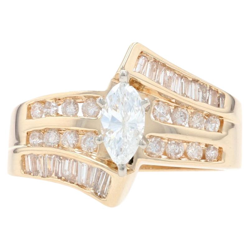 Yellow Gold Diamond Bypass Ring, 14 Karat Marquise Cut 1.00 Carat Engagement