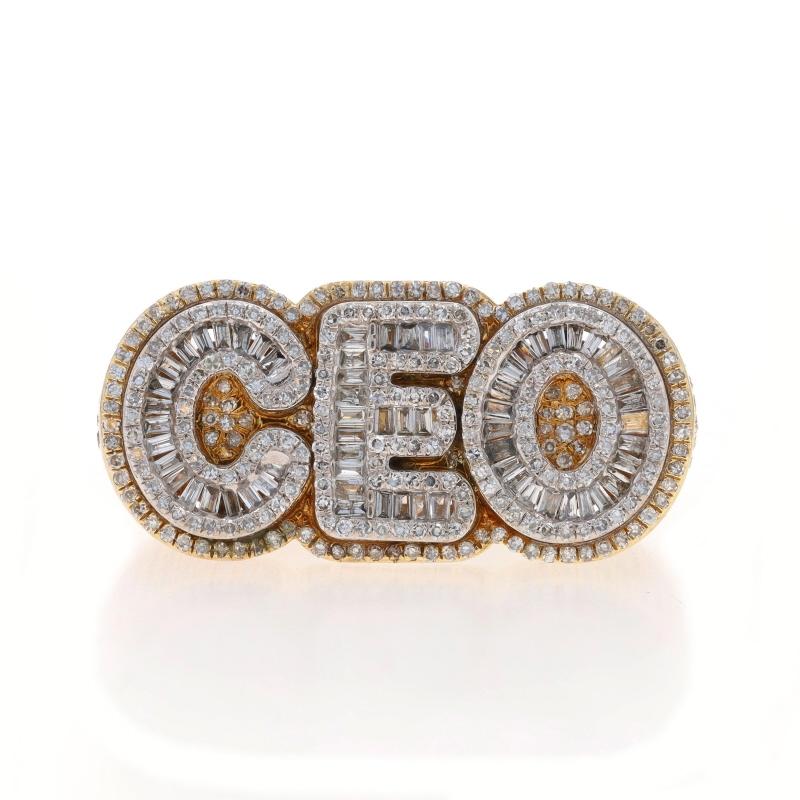Retail Price: $2653

Size: 10

Metal Content: 10k Yellow Gold & 10k White Gold

Stone Information
Natural Diamonds
Carat(s): 2.00ctw
Cut: Single & Baguette
Color: G - H - I
Clarity: SI1 - I1

Total Carats: 2.00ctw

Style: Cluster
Theme: CEO, Chief