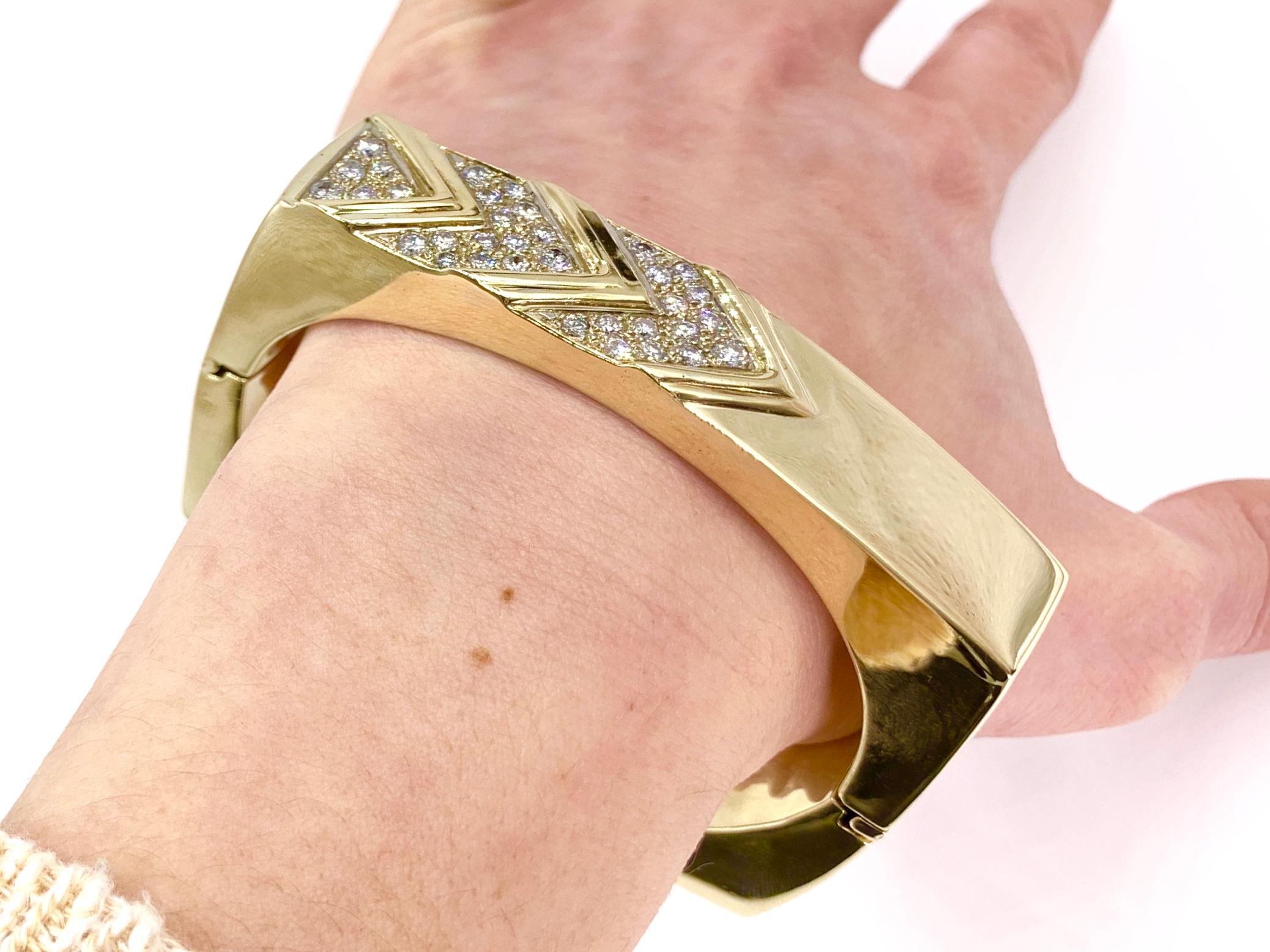 Yellow Gold Diamond Chevron Square Bangle Bracelet 5