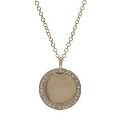 Yellow Gold Diamond Circle Halo Necklace - 14k Engravable Disc Adjustable