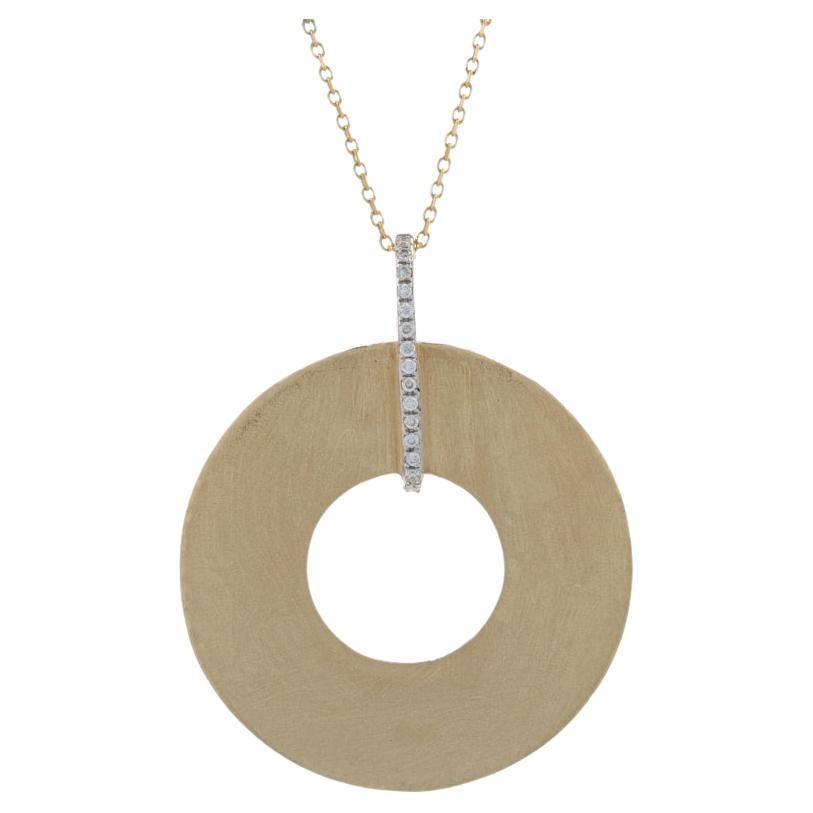 Yellow Gold Diamond Circle Pendant Necklace 18" - 14k Round Cut Brushed Disc For Sale