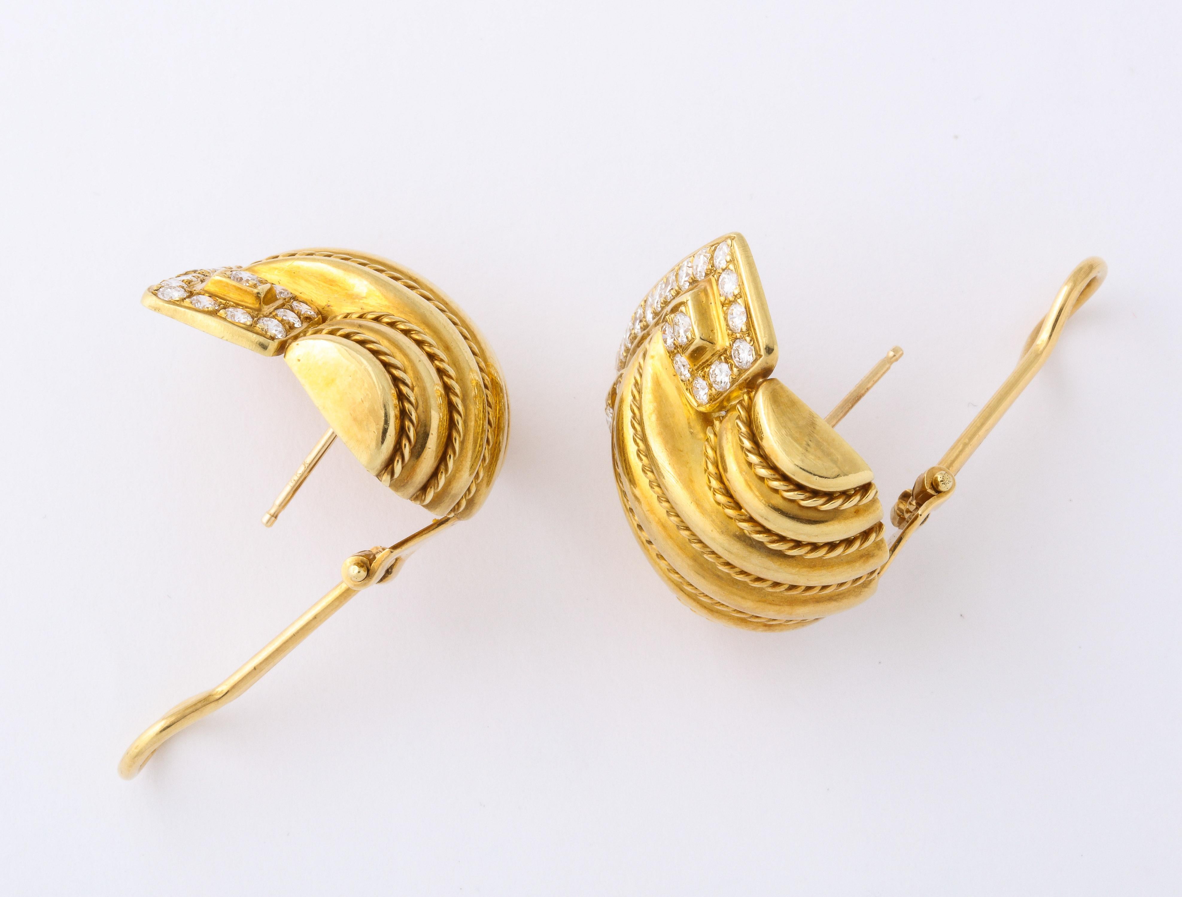 Brilliant Cut Yellow Gold & Diamond Clip On Earrings in Grecian Revival Style