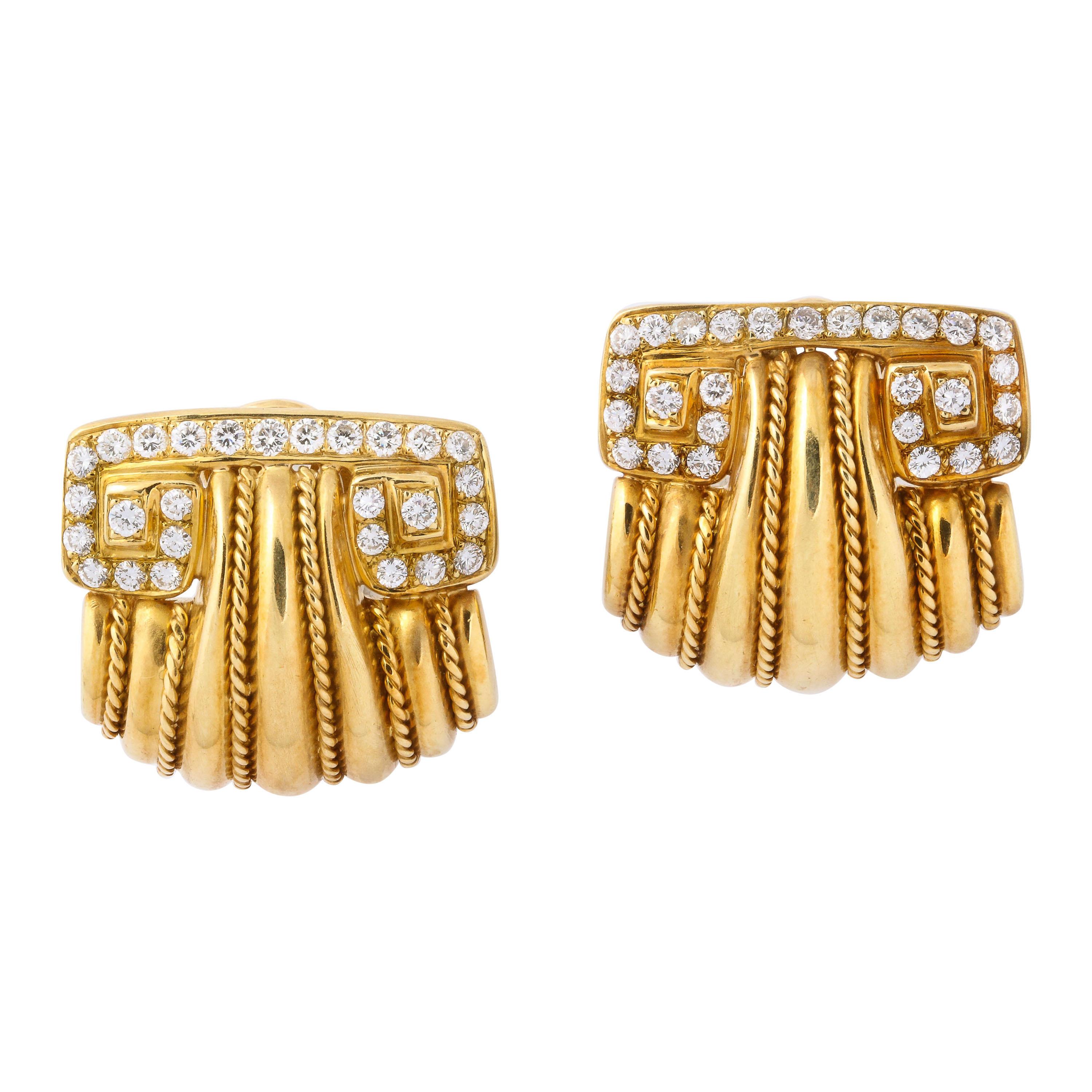 Yellow Gold & Diamond Clip On Earrings in Grecian Revival Style