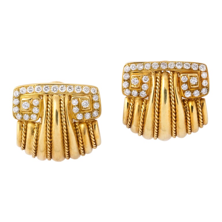 Yellow Gold and Diamond Clip On Earrings in Grecian Revival Style For