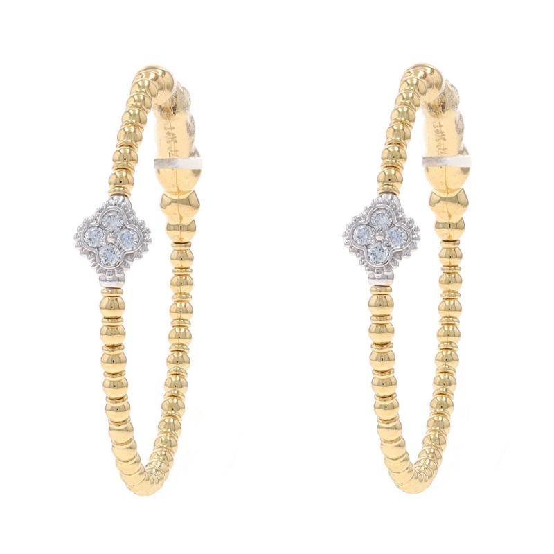 Metal Content: 14k Yellow Gold & 14k White Gold

Stone Information
Natural Diamonds
Carat(s): .12ctw
Cut: Round Brilliant
Color: G
Clarity: VS2 - SI1

Total Carats: .12ctw

Style: Flex Hoop
Fastening Type: Locking Snap Closures
Theme: Clover,