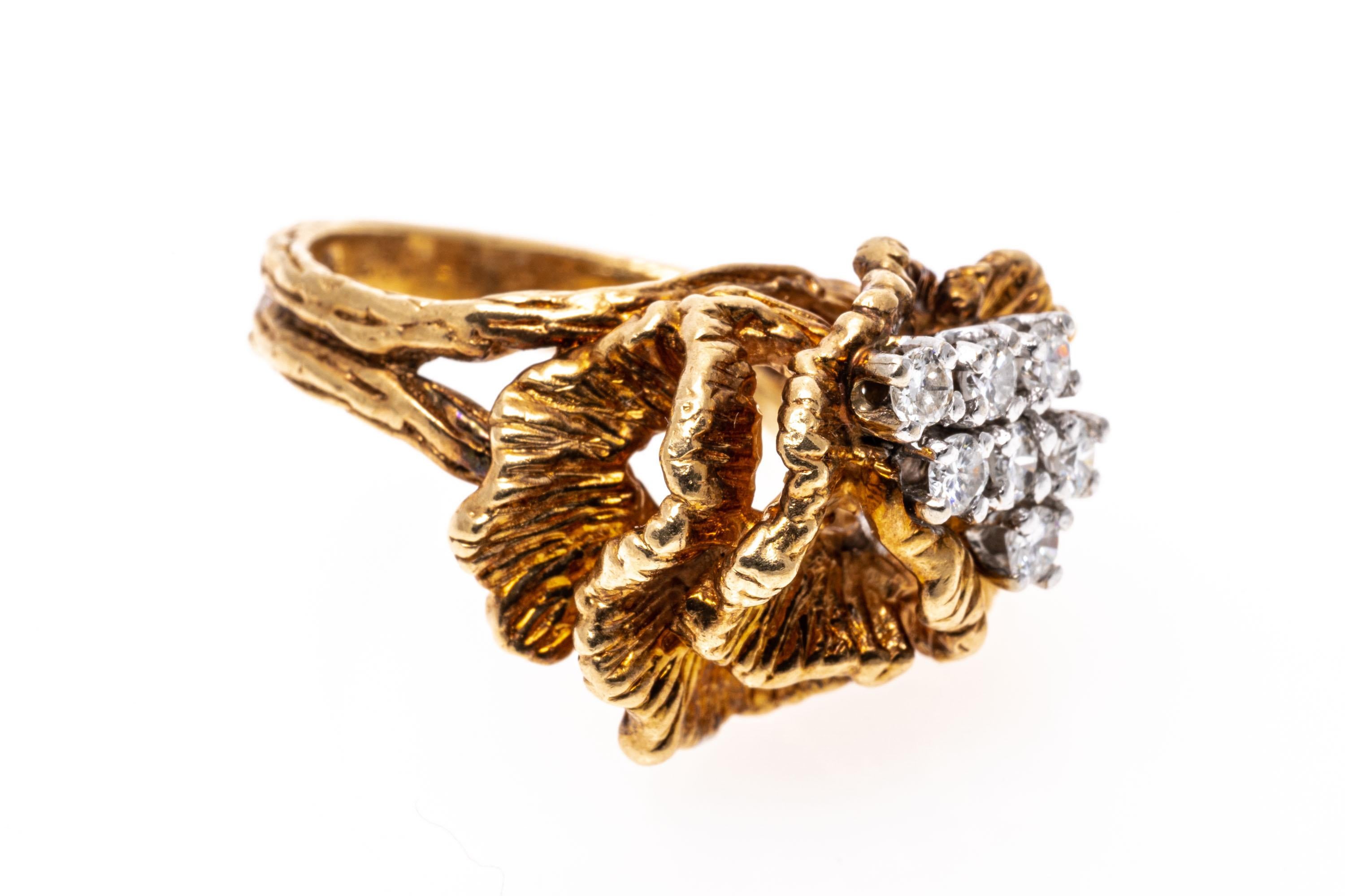 Retro Yellow Gold Diamond Cluster And Chased Cockscomb Form Ring For Sale