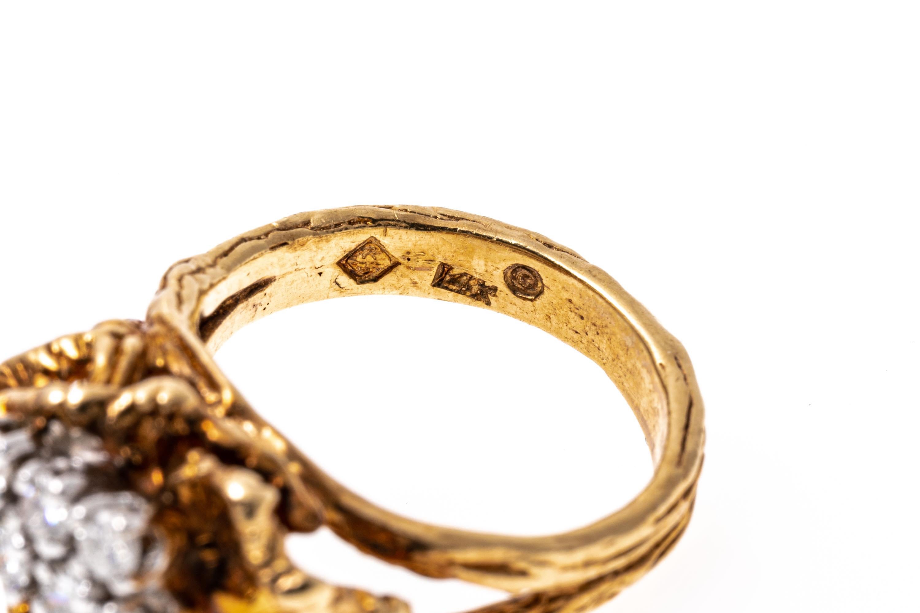 Yellow Gold Diamond Cluster And Chased Cockscomb Form Ring In Good Condition For Sale In Fairfield, CT