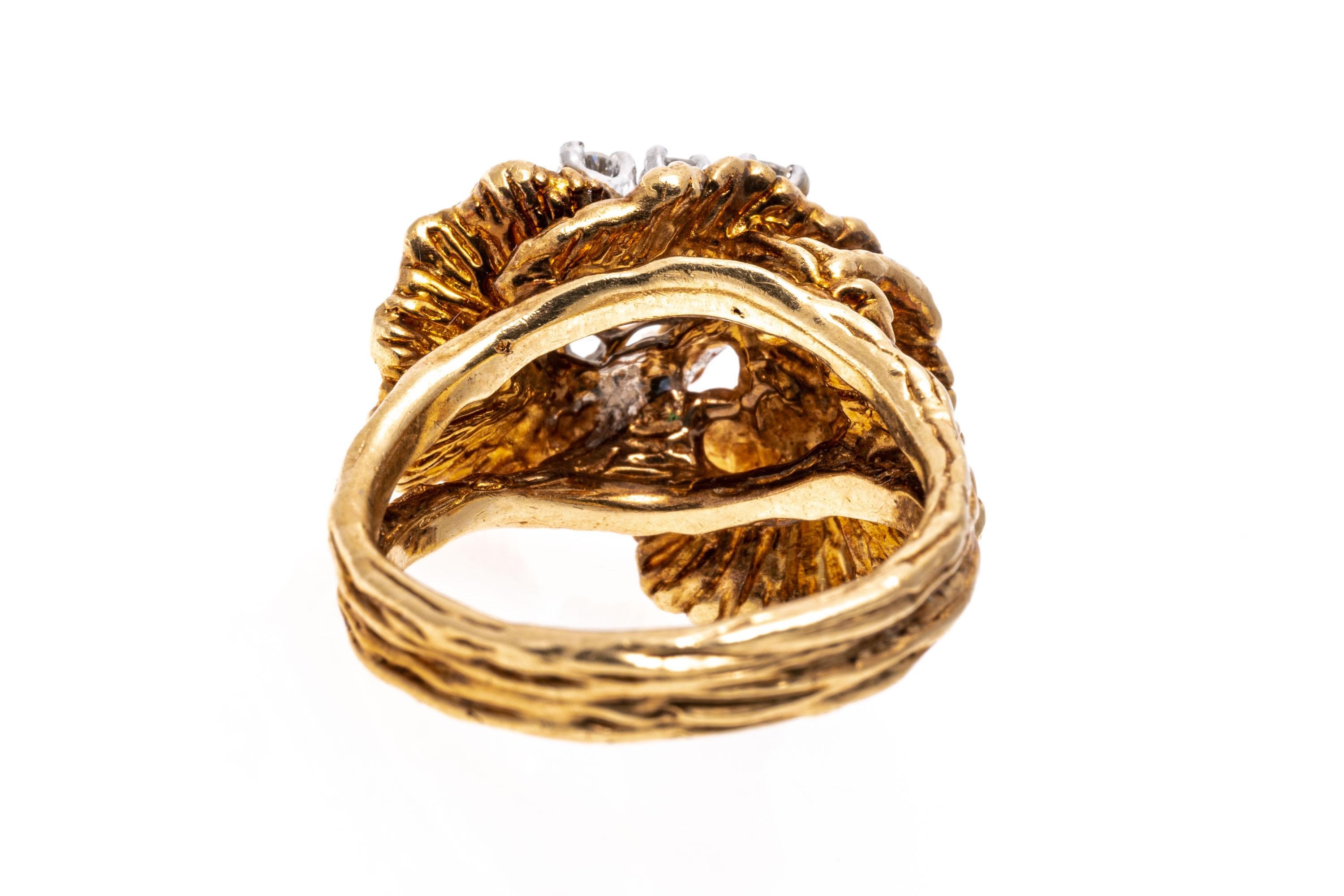 Women's Yellow Gold Diamond Cluster And Chased Cockscomb Form Ring For Sale