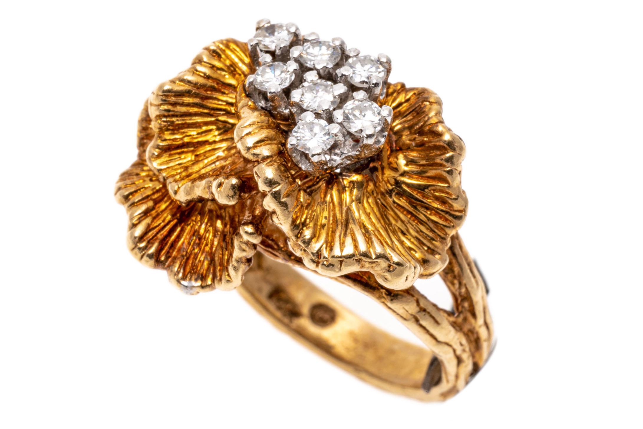 Yellow Gold Diamond Cluster And Chased Cockscomb Form Ring For Sale 1