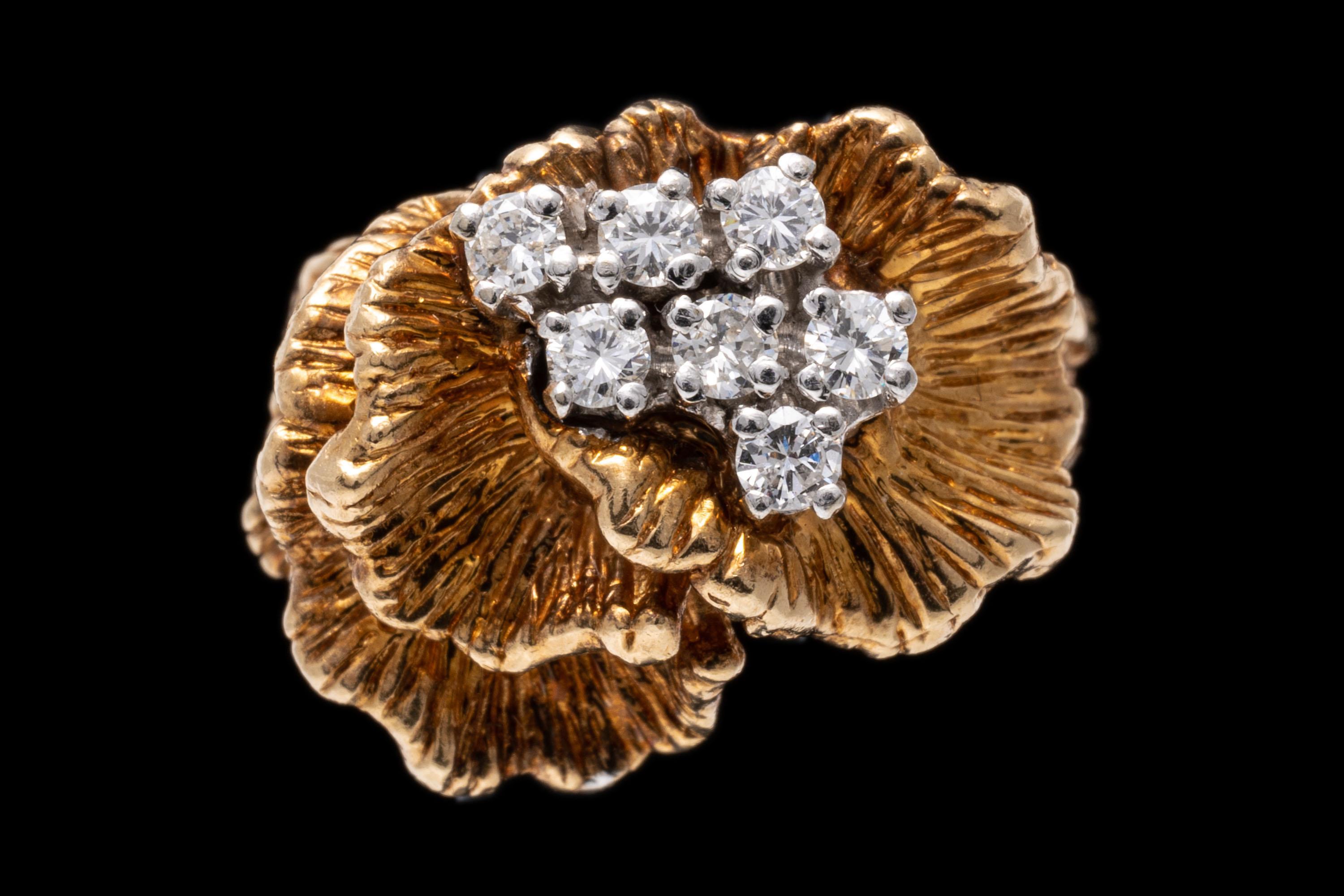 Yellow Gold Diamond Cluster And Chased Cockscomb Form Ring For Sale 2