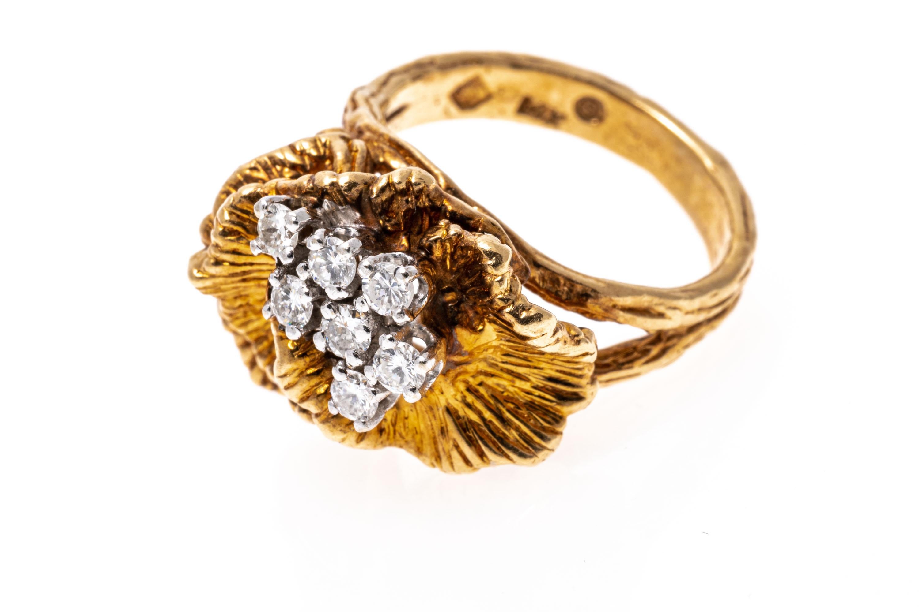 Yellow Gold Diamond Cluster And Chased Cockscomb Form Ring For Sale 3
