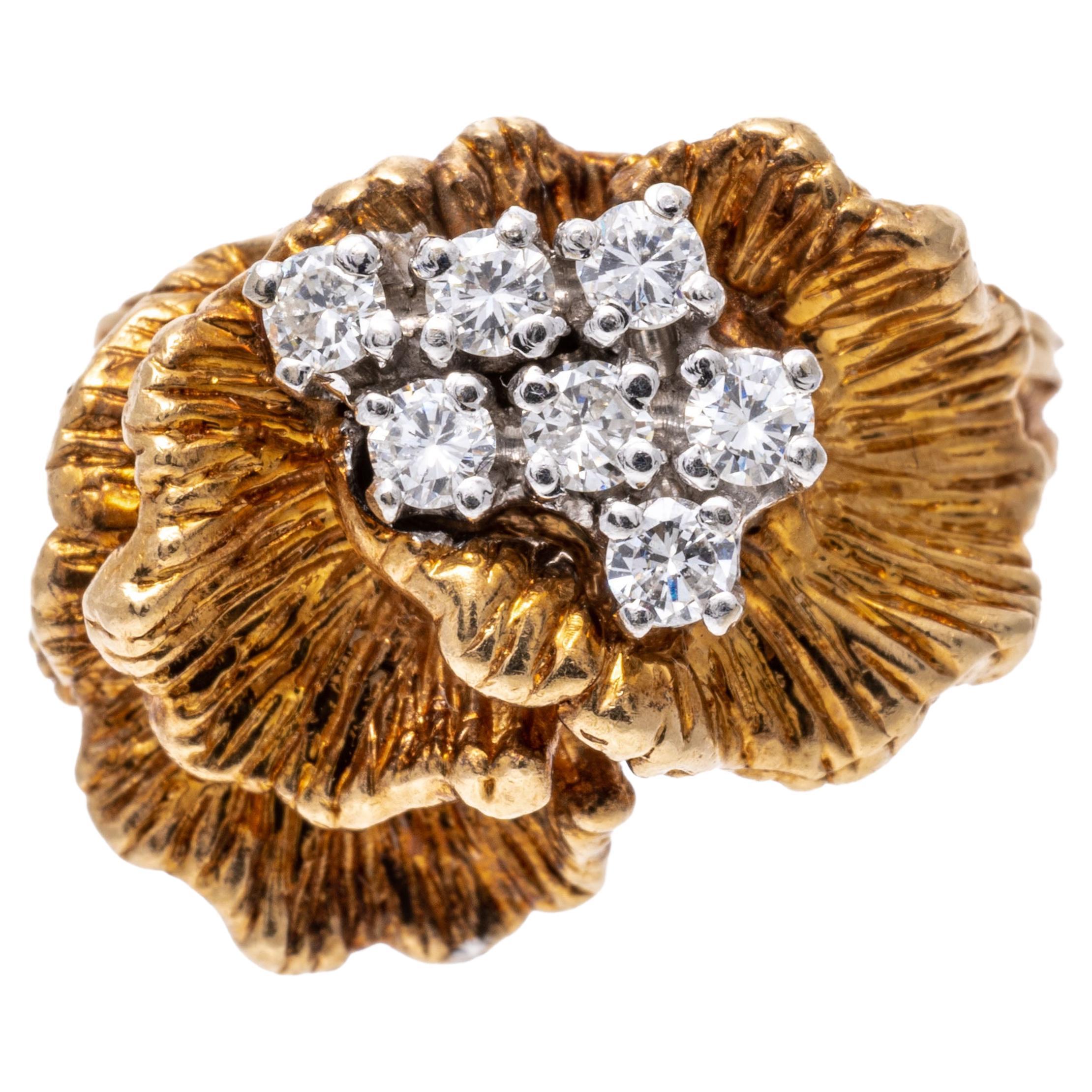 Yellow Gold Diamond Cluster And Chased Cockscomb Form Ring For Sale