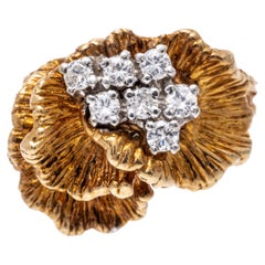 Yellow Gold Diamond Cluster And Chased Cockscomb Form Ring