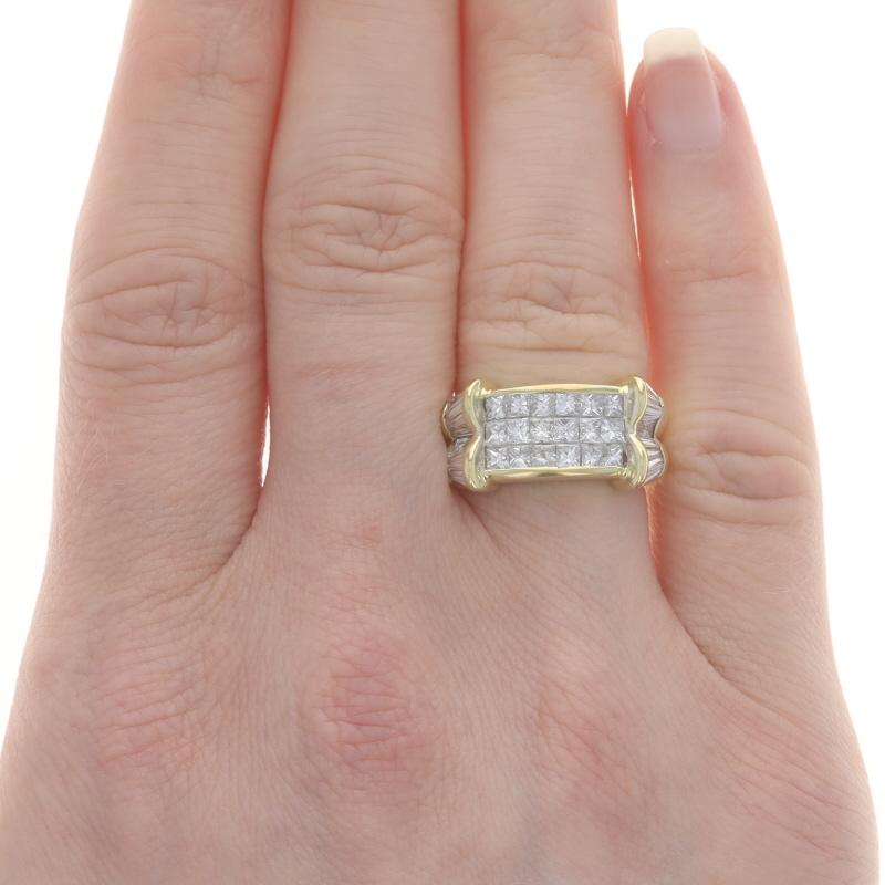 Size: 4 3/4

Metal Content: 18k Yellow Gold & 18k White Gold

Stone Information
Natural Diamonds
Carat(s): 1.44ctw
Cut: Invisible Set Princess
Color: F - G
Clarity: VS1 - VS2

Natural Diamonds
Carat(s): .96ctw
Cut: Tapered Baguette
Color: F -